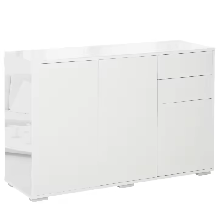 HOMCOM Aparador de Salón con 3 Puertas 2 Cajones y Estante Interior Ajustable Mueble Auxiliar de Almacenaje para Cocina Dormitorio Antivuelco 117x36x74 cm Alto Brillo Blanco - 1