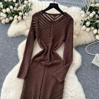 Vestido Largo Vintage De Cintura Alta REALEFT Para Mujer Con Cuello Redondo Manga Larga Y Abertura Lateral Vestido De Encaje Tricotado - details 8