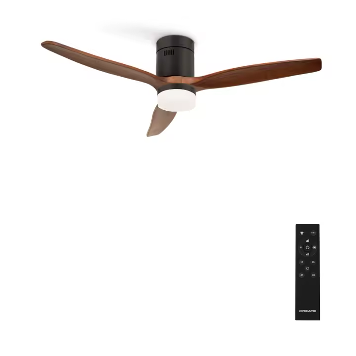 CREATE- Ventilador de techo 40W silencioso 100% madera varios tamaños con LUZ, color Negro / Madera Oscura  - WIND CALM NATURAL WOOD. - 1