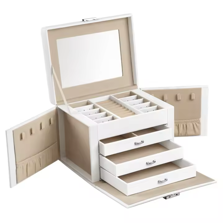 SONGMICS Caja Joyero de 4 Niveles, Caja para Joyas con Asa, 3 Cajones, Espejo, Cerradura, para Viajar, Estilo Moderno, Regalo para Seres Queridos, Blanco Clásico/Negro Clásico/Verde Retro - 1