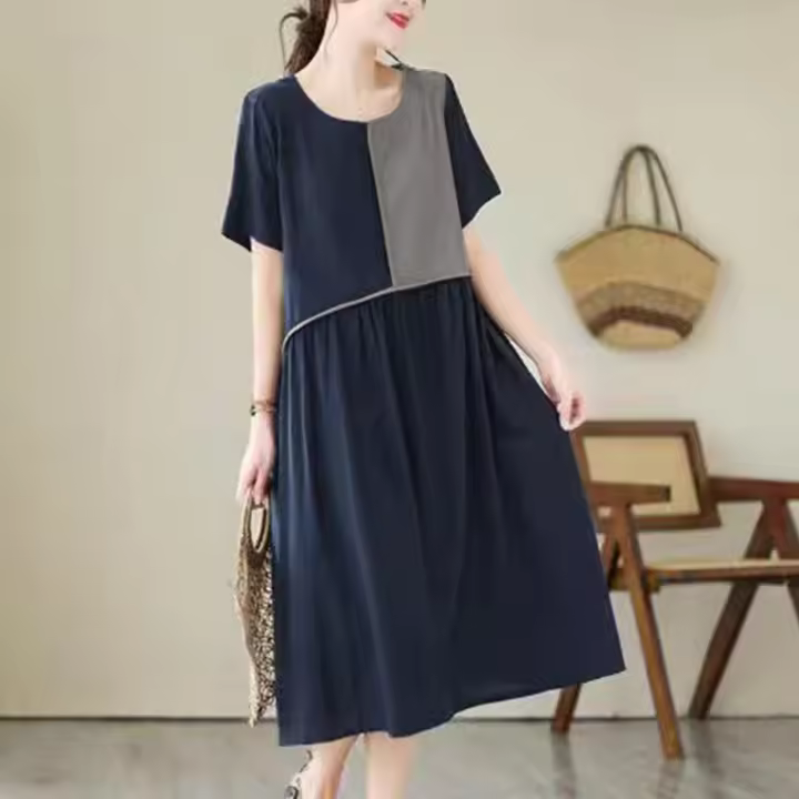 ZANZEA Vestido Midi De Manga Corta Para Mujer Estilo Retro Patchwork Largo Cuello En V Vestido Casual De Verano Sin Ajuste - 1