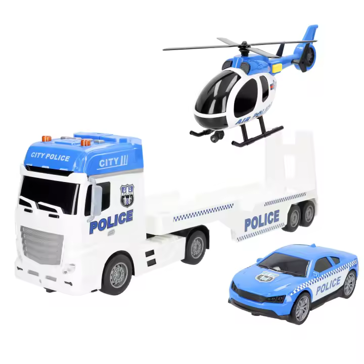 Speed & Go - Camión portavehículos de juguete, incluye coche y helicóptero, con luces y sonidos, rampa manual, sistema de fricción, escala 1:12, juego interactivo, coches para niños a partir de 3 años - 1
