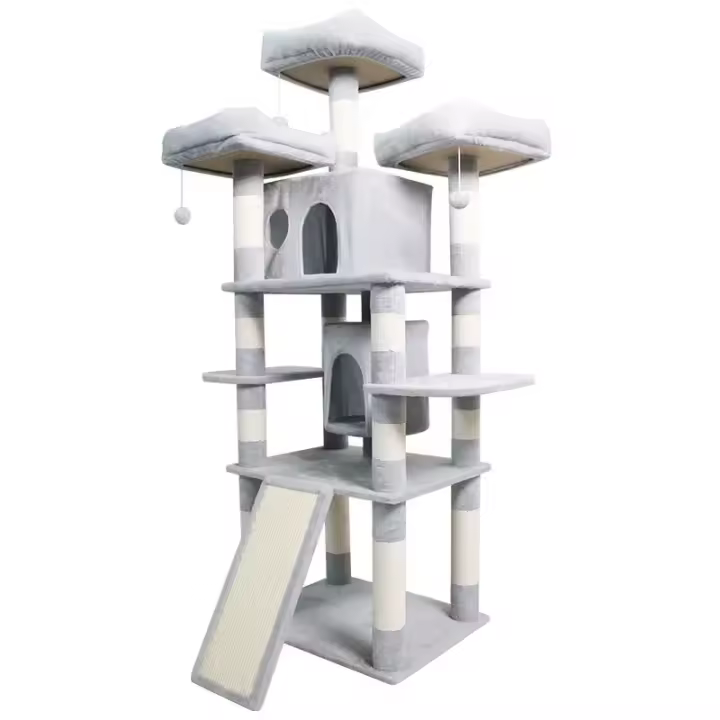 Torre Rascador para Gatos, 5 Niveles, con Casitas y Plataformas, Color Gris y Blanco, 61*49*170cm - 1