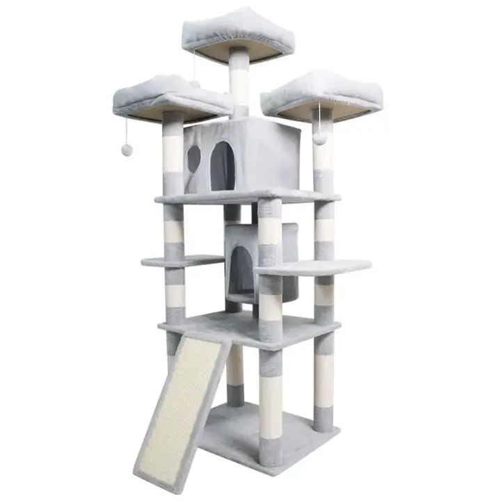 Torre Rascador para Gatos, 5 Niveles, con Casitas y Plataformas, Color Gris y Blanco, 61*49*170cm - 1
