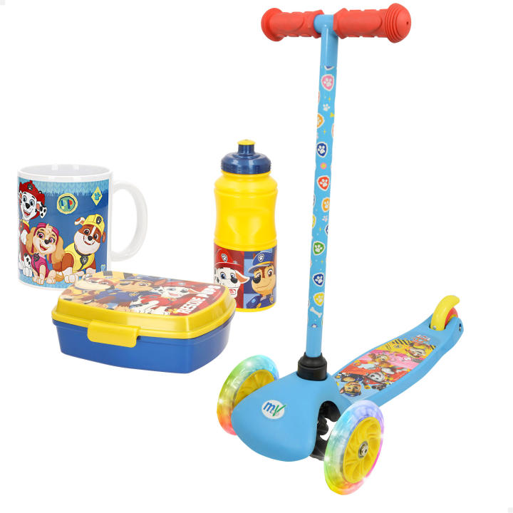 La Patrulla Canina Pack infantil patinete + set desayuno con taza, fiambrera y botella