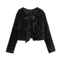 Abrigo De Lante Con Borla Para Mujer Estilo Francesa Con Lentejuelas Cuello Redondo Manga Larga Top Corto De Polyester Y Nylon - details 19
