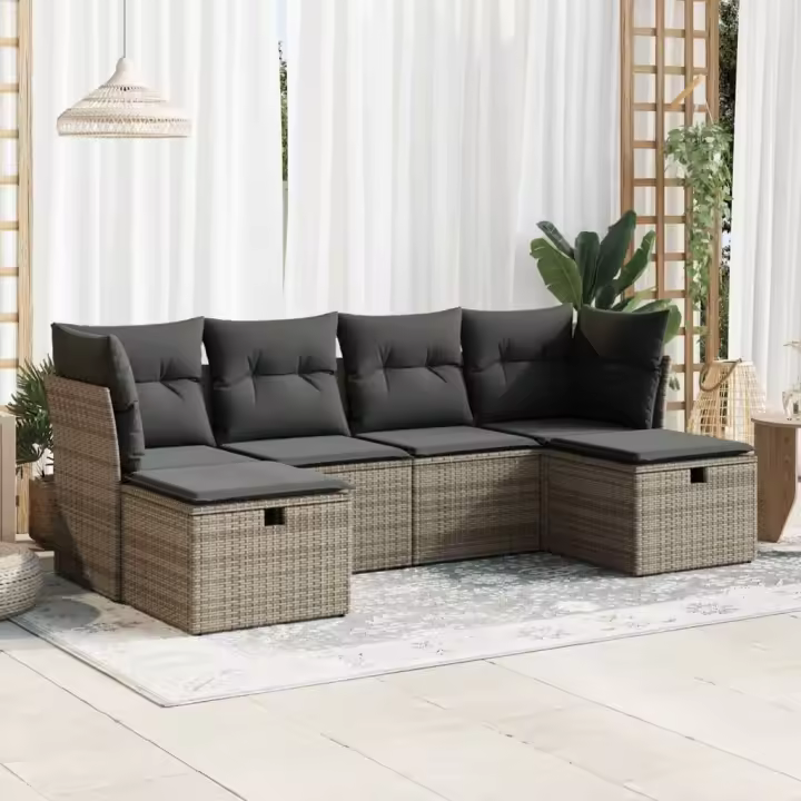 vidaXL Set de muebles de jardín 6 pzas y cojines ratán sintético gris - 1