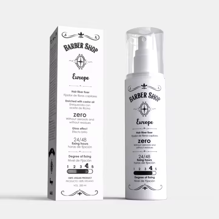 Barber Shop Europe - Spray Fijador Fibras Capilares 200 ml - Laca Sin Gas Ecologica Enriquecida con Aceite de Ricino - Spray Fijador Pelo Hombre y Mujer Concentrado - Laca Pelo Profesional para Fijar Fibra Capilar. - 1