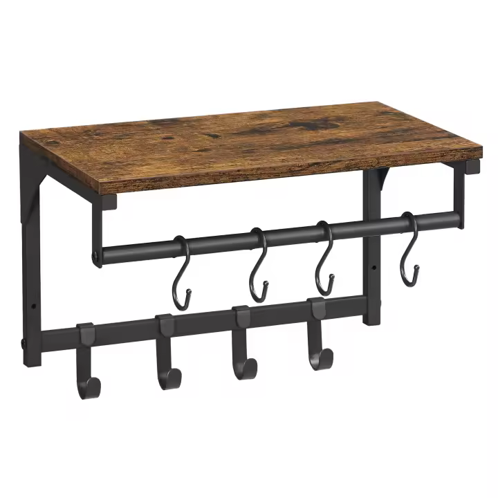 VASAGLE - Perchero de pared, mueble de entrada, vestuario, con 8 ganchos y estante, para salón, pasillo, dormitorio, 40 x 24 x 24 cm, marrón rústico y negro - 1