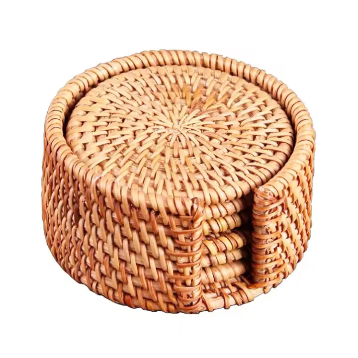 Juego de 7 posavasados de Ratán con soporte, posavasados de Madera, posavasados resistentes al Calor, posavasados de café, posavasados para Bebidas, Naturales, hechos a mano, ajustados para el hogar, restorante, Granja - 1