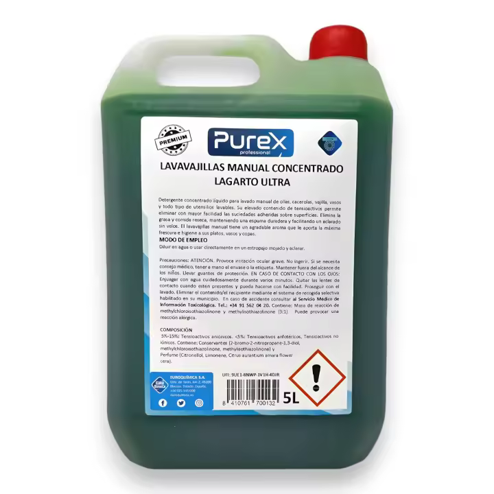 Lavavajillas Líquido Concentrado PUREX 5L Ideal para todo tipo de utensilios LAGARTO Detergente ideal para Hostelería Residencias Hospitales. - 1