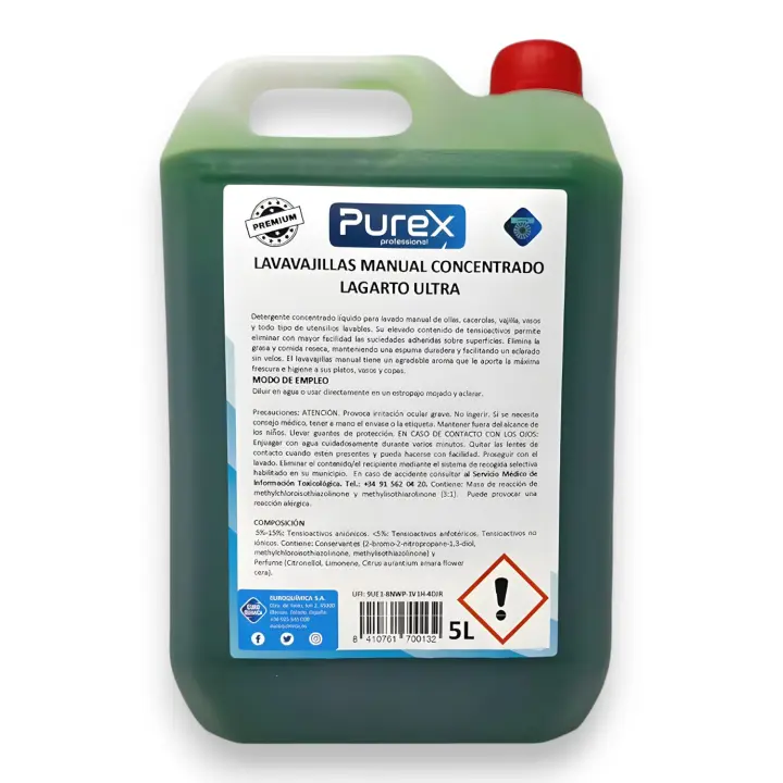 Lavavajillas Líquido Concentrado PUREX 5L Ideal para todo tipo de utensilios LAGARTO Detergente ideal para Hostelería Residencias Hospitales. - 1