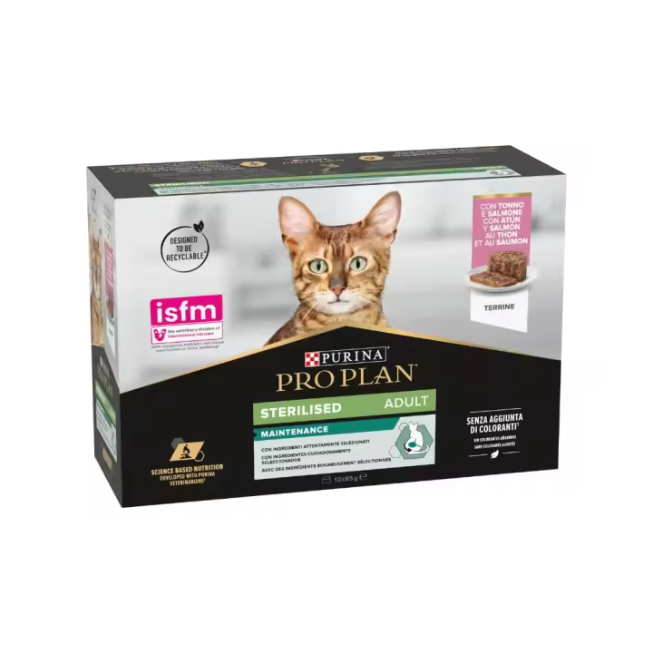PRO PLAN - Sterilised Maintenance Adult Latas (12x85 gr) - Alimento Húmedo Completo para Gatos Adultos Esterilizados (Atún y Salmón) - 1