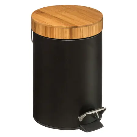 Cubo de basura con pedal de metal y bambú negro Natureo 3 l - 1