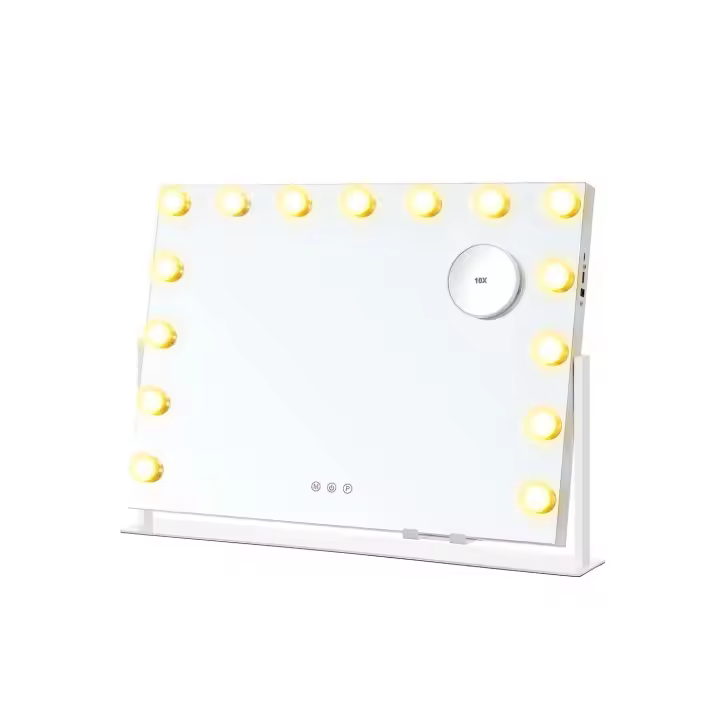 Espejo de Maquillaje LED Táctil, 15 Luces Regulables, 3 Tonos, Aumento 10X, Puertos USB y Soporte Móvil, Blanco - 1