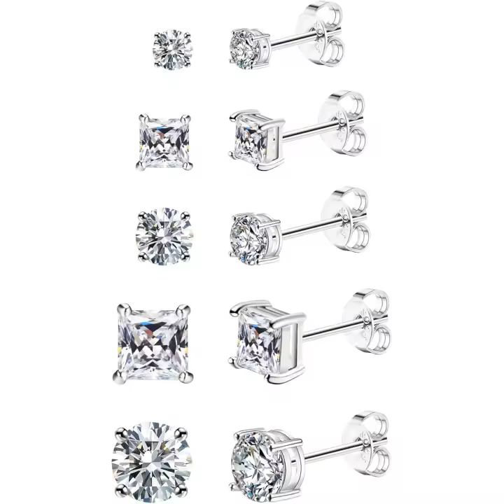 Pendientes de plata de ley para hombre, 5 pares de pendientes de diamantes para hombre y mujer, pendientes de circonitas cúbicas redondas y cuadradas, pendientes para hombre, collares y colgantes, accesorios y regalos. - 1