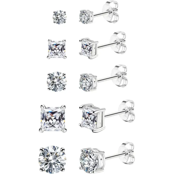 Pendientes de plata de ley para hombre, 5 pares de pendientes de diamantes para hombre y mujer, pendientes de circonitas cúbicas redondas y cuadradas, pendientes para hombre, collares y colgantes, accesorios y regalos. - 1