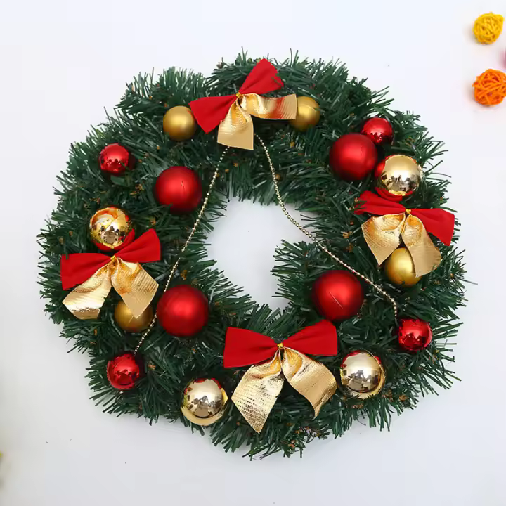 Corona Navideña Roja Para Puerta De Entrada Con Dorado Decoración De Pared Y Puerta Guirnalda De Navidad Ornamento De Casa - 1