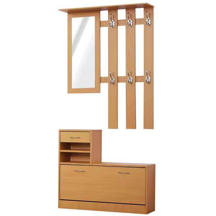 HOMCOM Conjunto de Muebles de Entrada Recibidor Pasillo Set de 3 Piezas Perchero Espejo Zapatero con Cajón 90x22x116cm Madera - 1