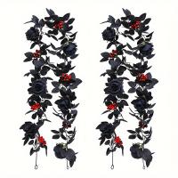 1pc Guirnalda De Rosas Negras Artificiales Con Eucalipto Y Bayas Rojas Gypsophila Verde Falso Eucalipto Para Halloween Decoración De Navidad - details 1