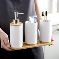 Juego de 4 accesorios de baño de cerámica, soporte para cepillo de dientes, dispensador de jabón, vaso y bandeja de bambú - details 0