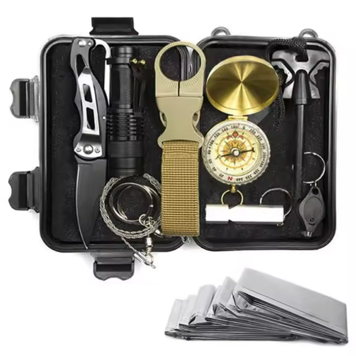 Kit de supervivencia botiquí para acampada, senderismo, trekking linterna táctica, cuchillo, silbato, manta térmica, brújula - 1