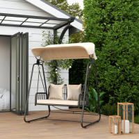 Outsunny Columpio de Jardín de 2 Plazas Balancín de Jardín Exterior con Toldo Retráctil Cojines y Estructura de Acero con Ratán PE Anti-UV para Balcón Terraza Patio Carga 240 kg 149x121x180 cm Caqui - details 1