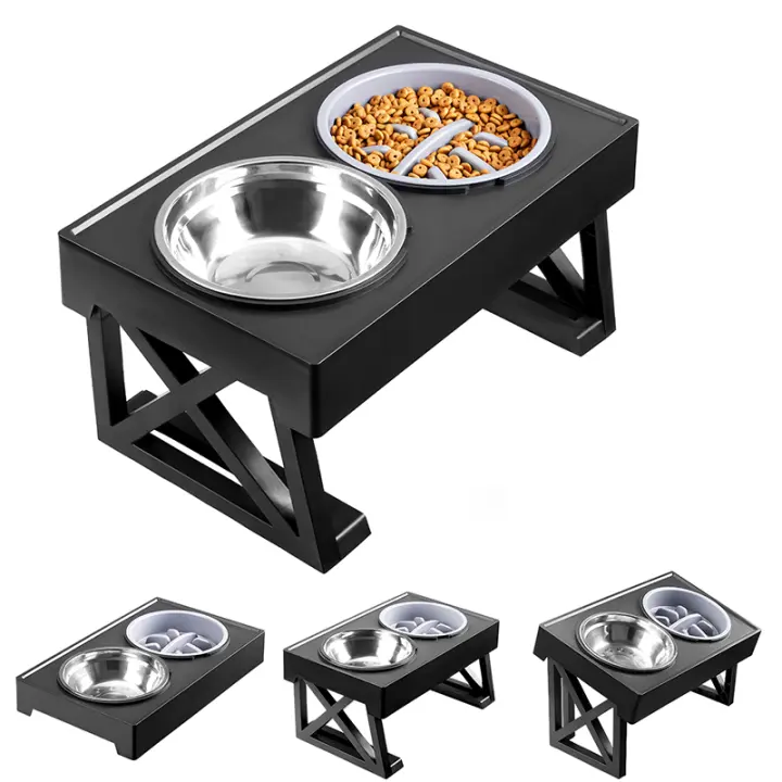 Cuencos dobles para perros, soporte de 3 niveles de altura ajustable, plato de alimentación lenta para perros medianos y grandes, mesa elevada para comida y agua - 1