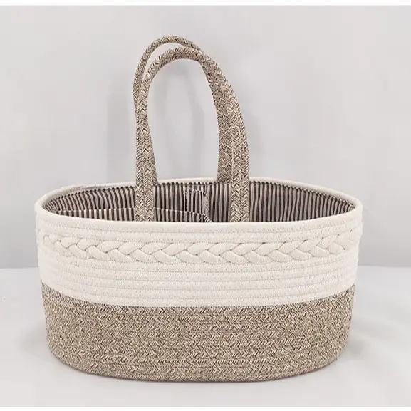 Organizador de pañales para bebé, cesta de almacenamiento portátil de algodón tejido con cuerda, cesta de bricolaje con compartimentos intercambiables, regalo para recién nacidos - 1