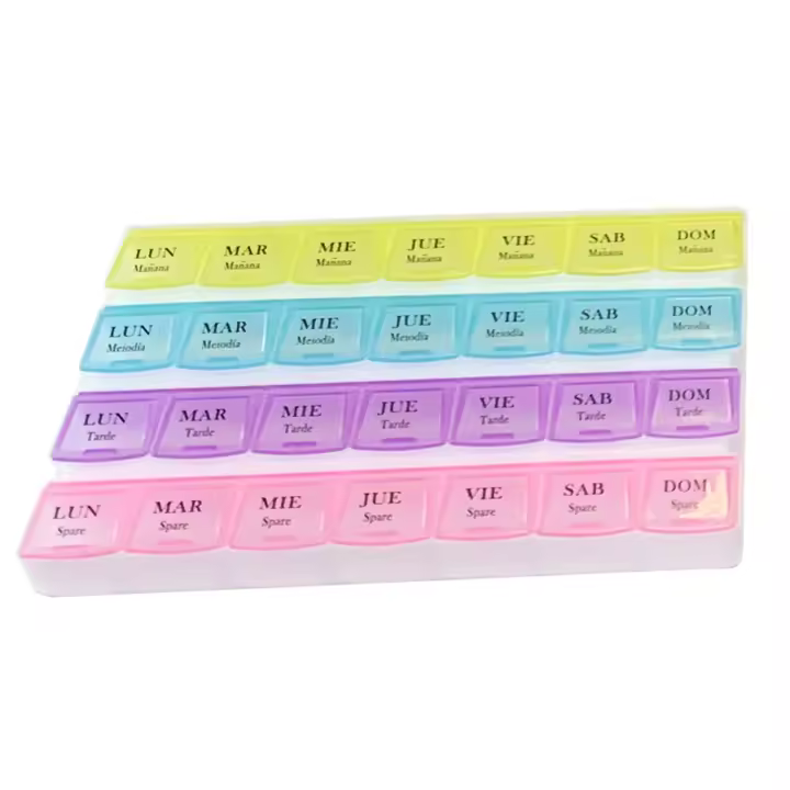 Pastillero caja medicina semanal x4 Lunes-Domingo 4 colores plástico 21.5 x 12.3 x 3 cm organizador medicamentos 28 compartimentos - 1