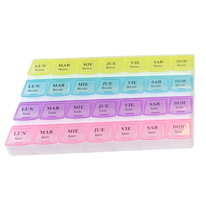 Pastillero caja medicina semanal x4 Lunes-Domingo 4 colores plástico 21.5 x 12.3 x 3 cm organizador medicamentos 28 compartimentos - 1