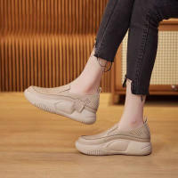 Zapatos De Verano Para Mujer Con Suela Gruesa Y Punta Redonda Zapatos Blancos Pequeños De Tacón Medio Material PU Sin Tiezas - details 2