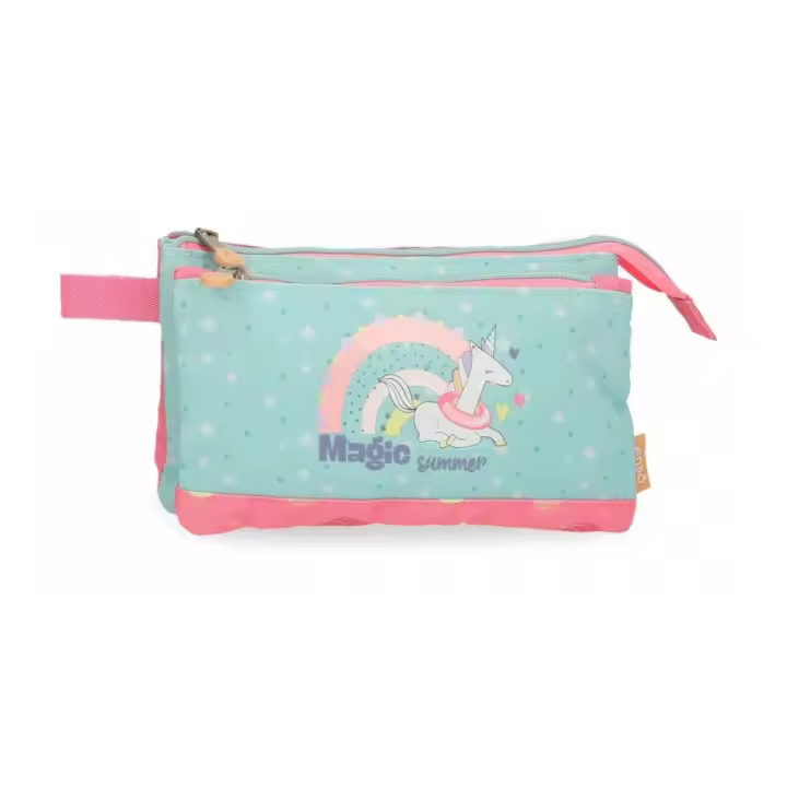 Estuche triple Enso Magic Summer rosa y azul con unicornio en el centro rodeado de estrellitas 22 x 12 x 5 cm - dos compartimentos cerrados con cremallera y un bolsillo frontal para mejorar la organización - asa lateral - diseño divertido y multicolor - 1