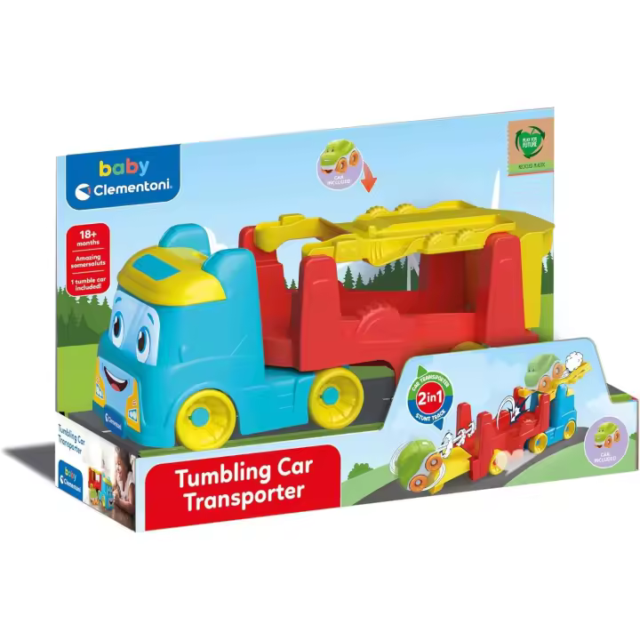 Clementoni - 17892 - Tumbling Car Transporter - Camión Niños De Plástico Reciclado, Camión Transportador Y Pista para Coche, con Coche Incluido, Juguete Primera Infancia 18-16 Meses, Made In Italy - 1