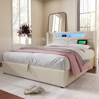 Cama tapizada Cama de Marriage LED con función de carga USB Typo-C e iluminación LED Cama de almacenamiento Somier de Lino Cama Juvenil 160x200 with somier (with colchón) - details 0