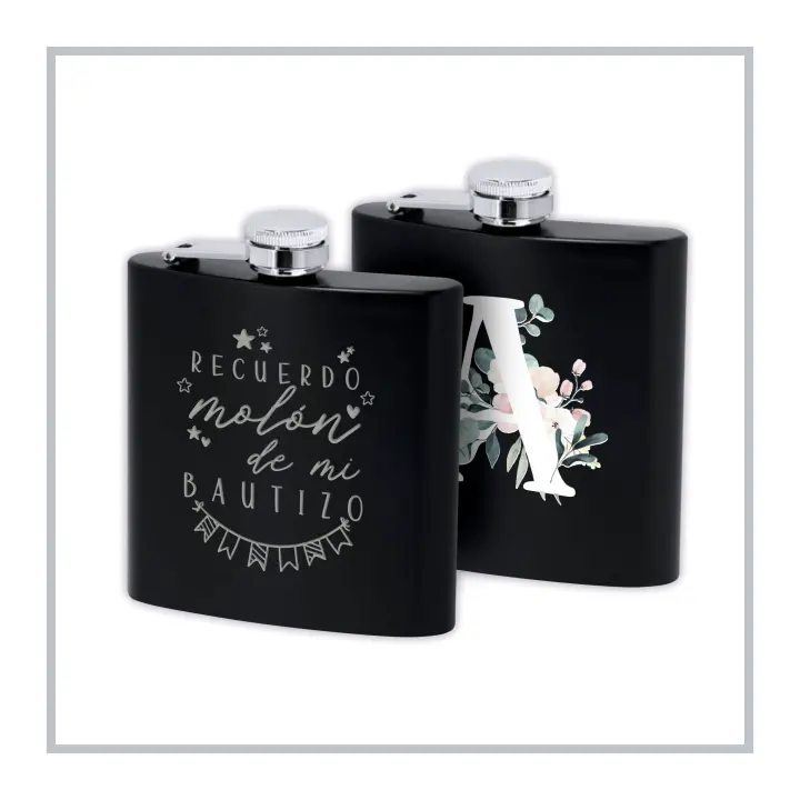 RegaloVip.es - Petaca Negra Acero Inoxidable, Estilo Elegante, Regalos para comuniones, para bautizos, para bodas, regalos originales y únicos, para el día del padre, para aventureros. - 1