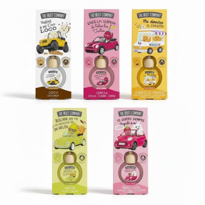 Ambientador de coche The Fruit Company 6 ml con tapón de madera y cordón. Disponible en Coco, Cereza, Sorbete de Mango, Melón y Fresa Nata. Aroma intenso y duradero, ideal para coche o armario. 🚚 Envíos a España 24/48 horas.