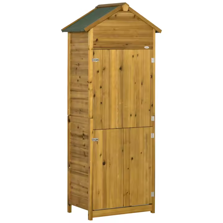 Outsunny Armario de Jardín de Madera 79x49x191,5 cm 0,28 m² Cobertizo para Almacenaje de Herramientas con Techo Asfáltico 3 Estantes y 2 Puertas con Cerrojo para Exterior Terraza Natural - 1
