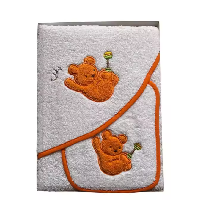 Sandra Adrubau - Conjunto de Baño para Bebé - Capa de Baño 85x85cm y Babero Osito Marrón - Suave Algodón para Bebé - Resistente Al Lavado - 1