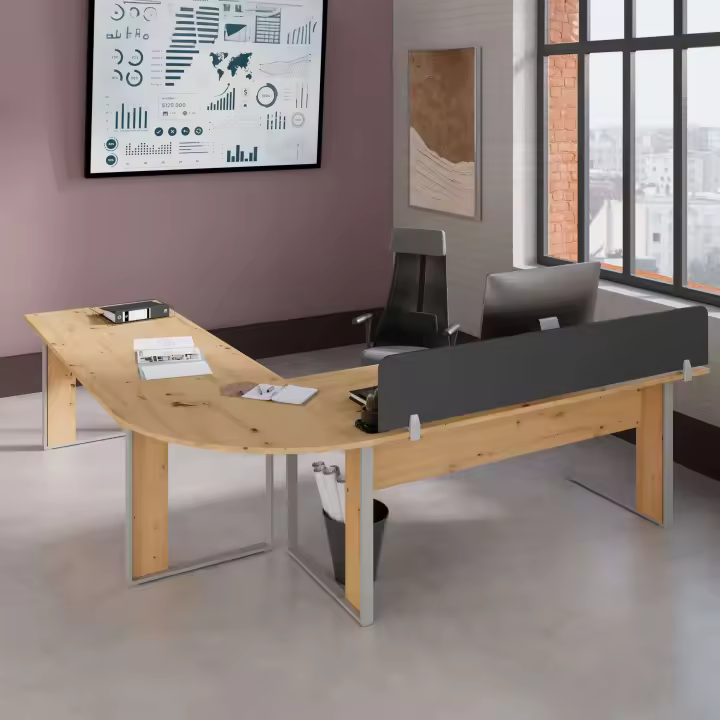 Pack 2 Escritorios 150 cm Venture Melamina color Madera Claro/Gris, Patas Metal, Separador, Tablero Esquina - 1