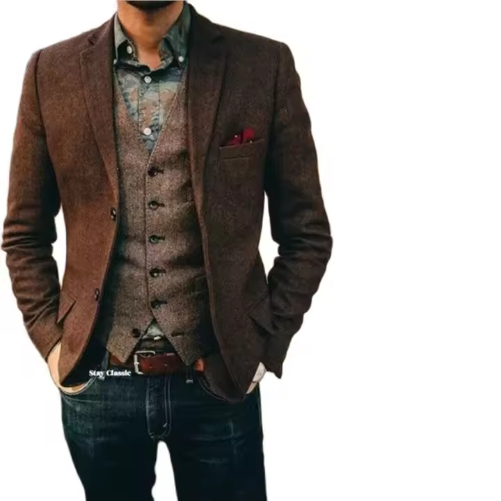 Chaqueta De Lana Marrón Herringbone Para Hombre Traje De Promoción Tuxedo Estilo Casual Dos Botones Solapa Notch Cuello Regular - 1