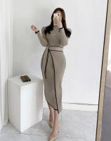 Vestido Bandage Tejido Vintage Para Mujer Con Rayas Slim De Manga Larga Estilo Elegante Para Oficina Vestido Irregular De Cuello Alto Casual De Otoño - details 3