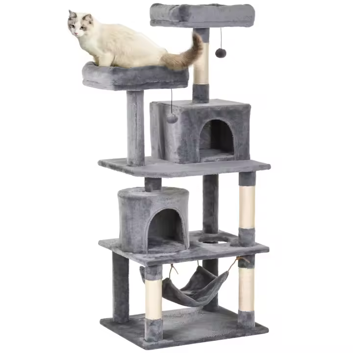 PawHut Rascador para Gatos Grande 145 cm Árbol para Gatos con Hamaca Árbol Trepador para Gatos Rascador para Gatos Cueva Muebles para Gatos con Postes de Sisal Gris Claro - 1