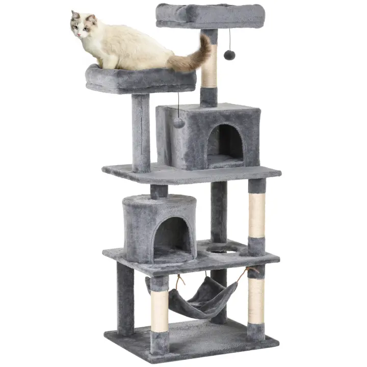 PawHut Rascador para Gatos Grande 145 cm Árbol para Gatos con Hamaca Árbol Trepador para Gatos Rascador para Gatos Cueva Muebles para Gatos con Postes de Sisal Gris Claro - 1