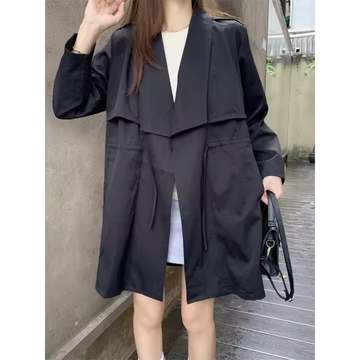 Abrigo De Trench Elegante Para Mujer plus Talla Primavera/Otoño Con Cierre De Cordón Estilo Coreano Casual Versátil Con Bolsillos - 1