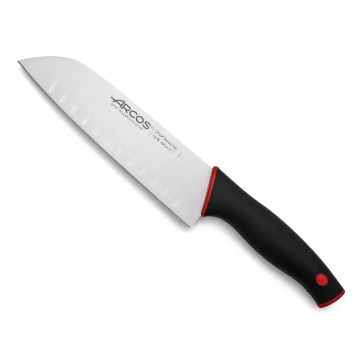 Arcos Serie Duo - Cuchillo Santoku con Alveolos - Hoja de 180 mm - Mango Color Negro Rojo - 1