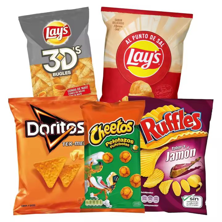 Pack Snacks y Patatas Fritas - Lay's, Cheetos, Doritos y Ruffles: 4 Pelotazos, 4 Tex-Mex, 4 3D's, 4 al Punto de Sal y 4 Jamón, Total: 836 g en 20 bolsas de Aperitivos y Patatillas Crujientes - 1