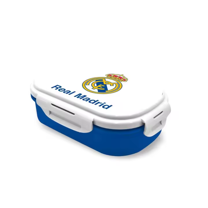FIAMBRERA REAL MADRID CON LOGO RECIPIENTE DE 2 COMPARTIMENTOS + CUBIERTO. LIBRE DE BPA. KIDS EUROSWAN - 1