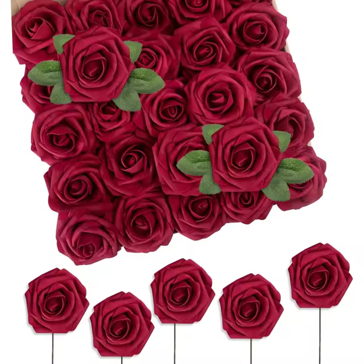 Flores artificiales rosas, 25 piezas de flores decorativas rosas falsas con tallos, ramos de boda hechos a mano, decoración nupcial para el hogar, rojo oscuro - 1