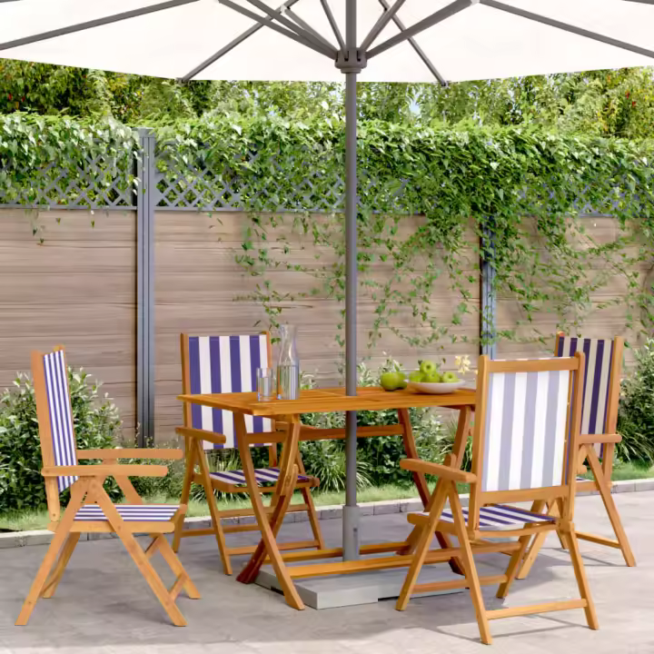 vidaXL Sillas jardín reclinables 4 uds madera maciza tela azul blanco - 1